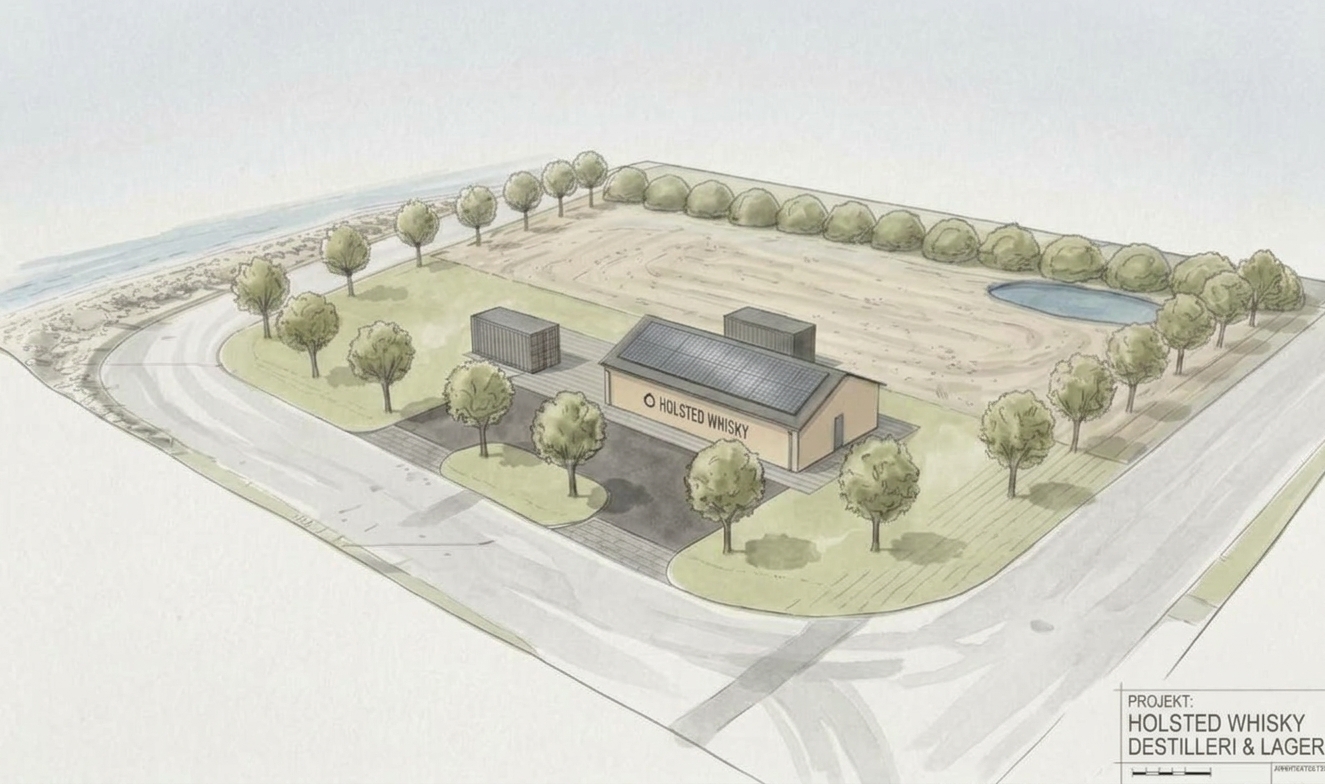 Arkitektskitse af Holsted Whisky destilleri og lager